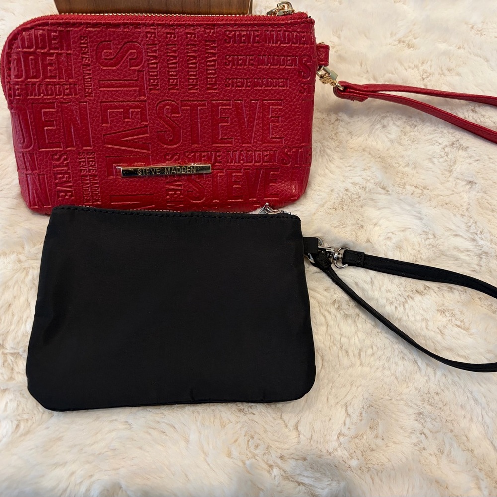 Steve‎ Madden Double Zip Monogram Red Wristlet & Baby Black Single Zip Wristlet